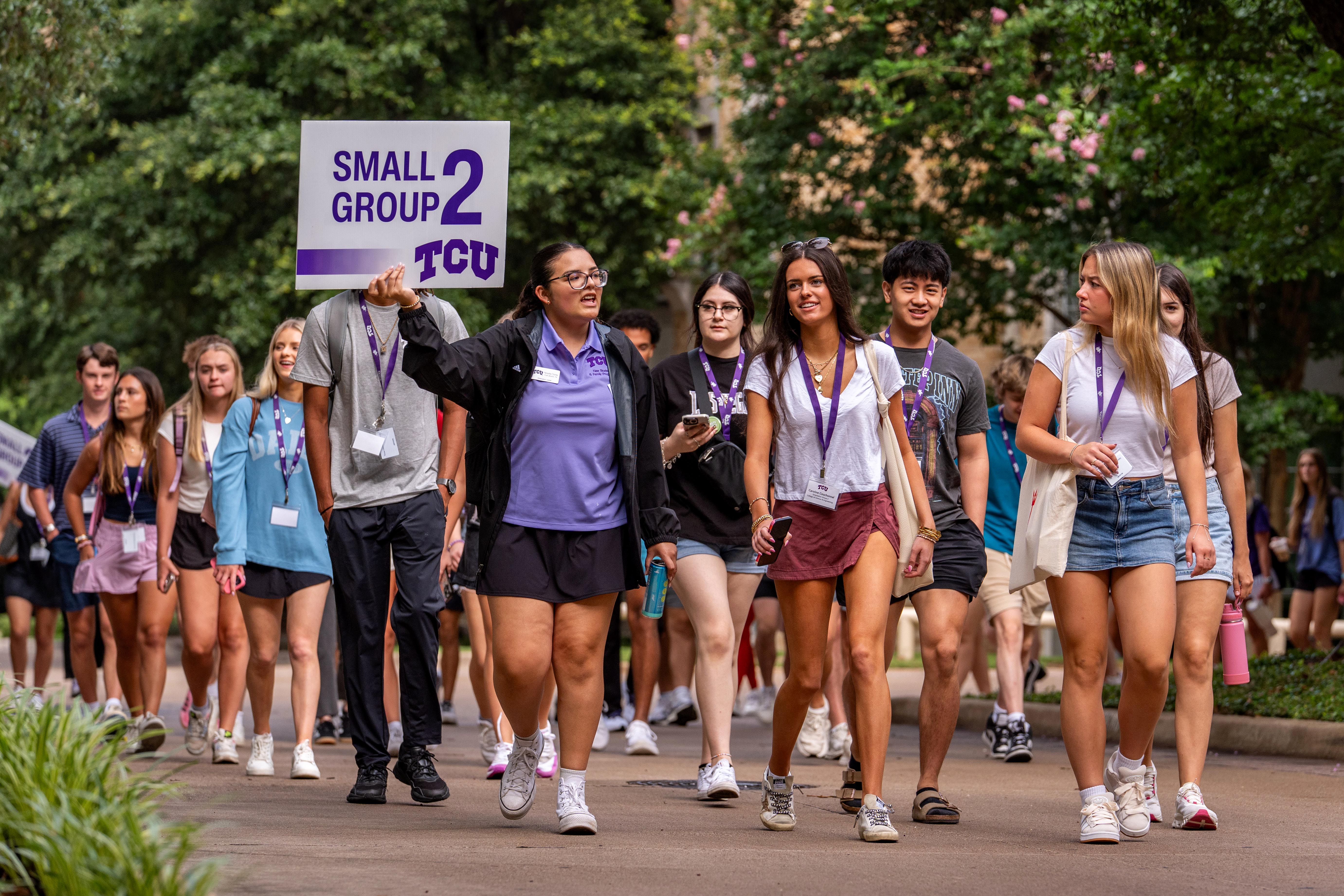 A small group of incoming first-year students makes its way across the TCU campus on day 2 of Orientation session 1, Wednesday, May 28, 2025. Photo by Jeffrey McWhorter.