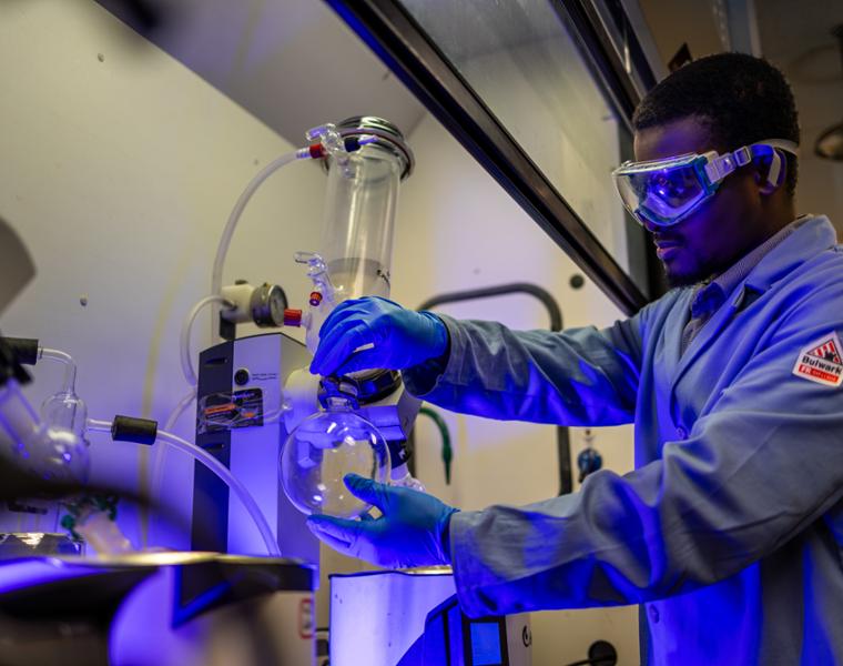 A student conducts research in a chemistry lab in the Sid W. Richardson Building, October 31, 2024. Photo by James Anger.