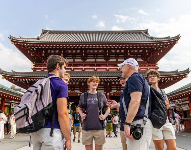 Students and faculty in the Games and Culture in Japan study abroad course visit Sensō-ji, a Buddhist temple in Tokyo, May 21, 2024. Photo by James Anger