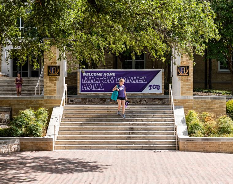 Students on campus, August 24, 2022 Image from a series of photos depicting students at various places around the TCU campus. Photo by James Anger on August 24, 2022