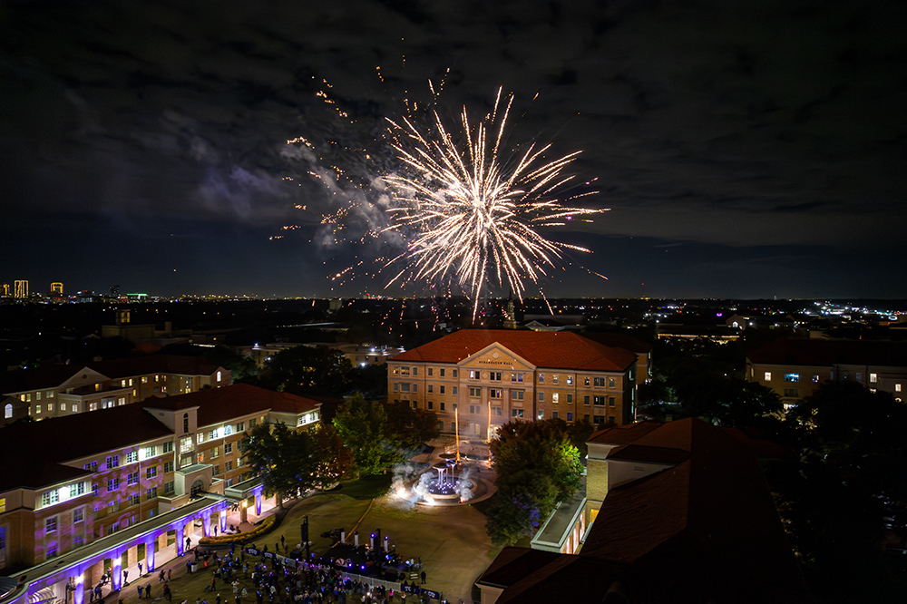 View of TCU campus commons with fireworks