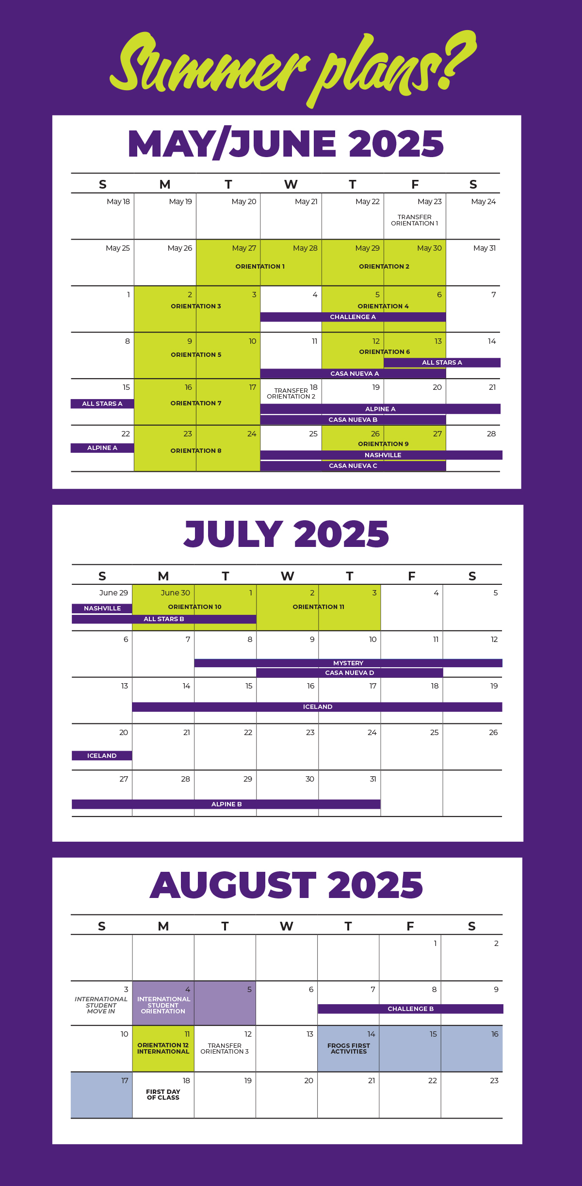 TCU New Student Summer 2025 Calendar