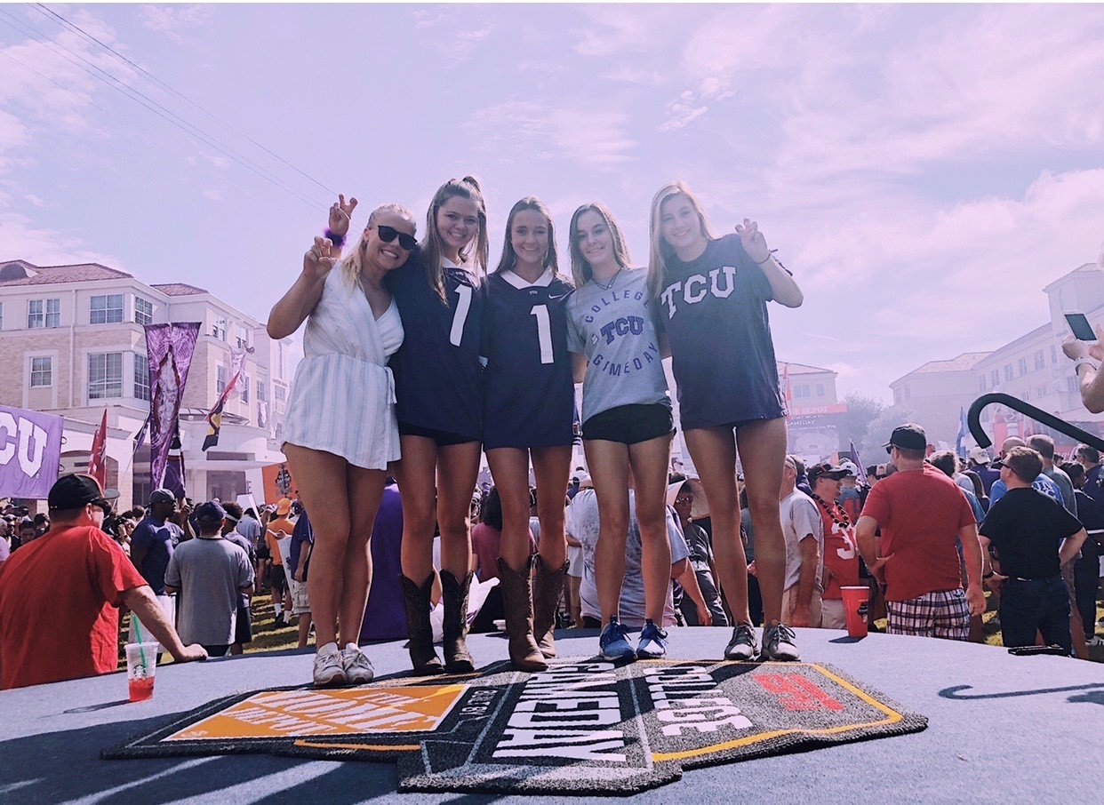 Female TCU students at College Gameday in the commons