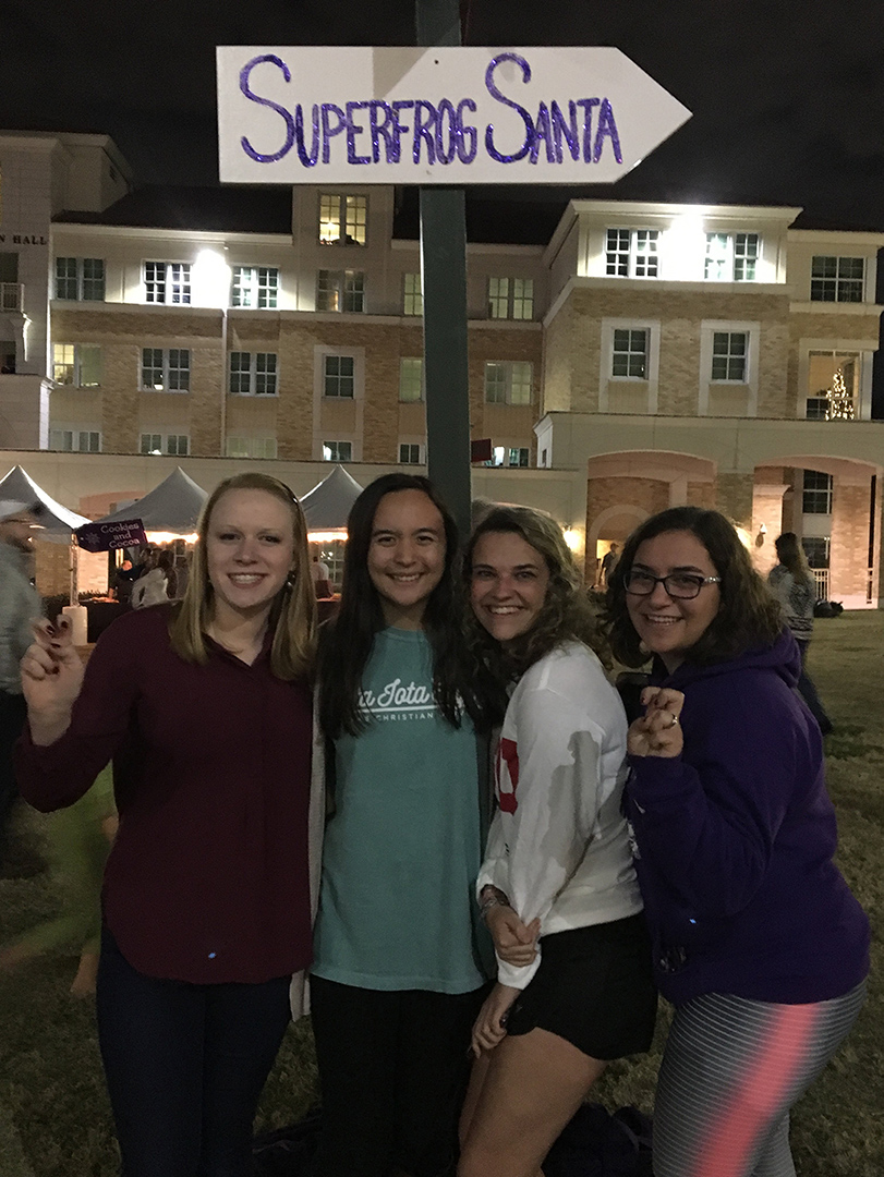 Girls waiting for SuperFrog Santa at the TCU tree lighting