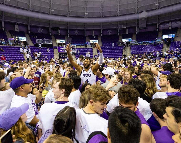 Students celebrating TCU basketball win